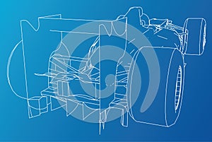 Back view race car. Abstract drawing. Tracing illustration of 3d.