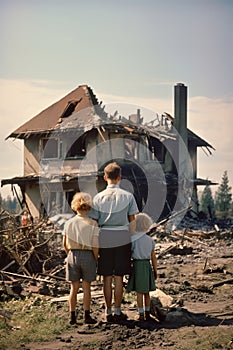 back view of refugee family looking at destroyed home after war, desperate people near demolished house after natural