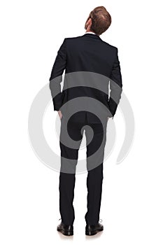 Back view of relaxed businessman looking up to side