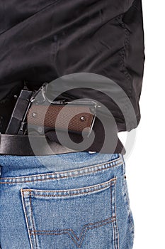 Back view of robber with handgun