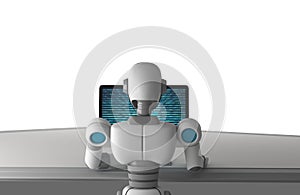 Back view of robot using a computer with binary data number code