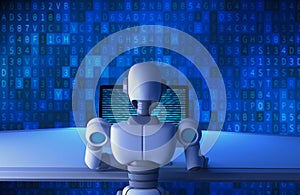 Back view of robot using a computer with binary data number code