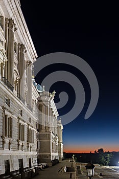 Back view of Royal Palace by sunset, Madrid, Spain