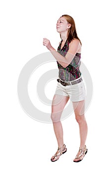 Back view of running woman in shorts