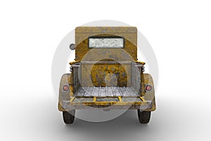 Back view of rusty old yellow vintage farm pickup truck with peeling paintwork. 3D rendering isolated on white background