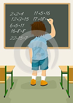 Back view of schoolboy solves arithmetical on blackboard