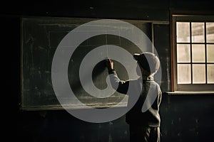 Back view of a schoolboy standing in front of a blackboard, A child writing on a chalkboard in a rural schoolhouse, AI Generated