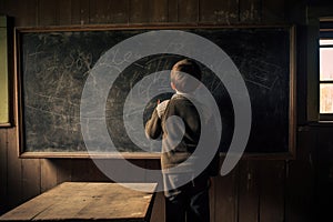 Back view of a schoolboy standing in front of a blackboard in a classroom, A child writing on a chalkboard in a rural schoolhouse