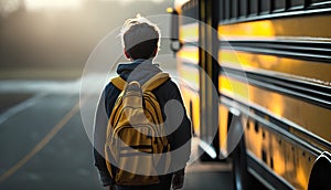 Back view of a schoolboy standing in front of a school bus