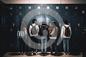 back view of schoolchildren standing in locker room with backpacks and backpacks, Teenage school kids standing in front of locker