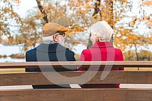 back view of senior couple sitting on bench