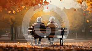 Back View of Senior Couple Sitting on Bench in Autumn Park. Generative ai