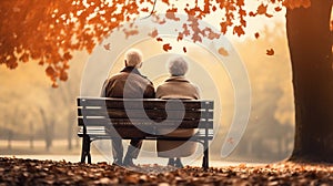 Back View of Senior Couple Sitting on Bench in Autumn Park. Generative ai