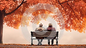 Back View of Senior Couple Sitting on Bench in Autumn Park. Generative ai