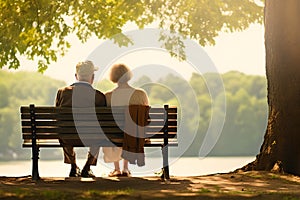 Back view of senior couple sitting on bench in the park