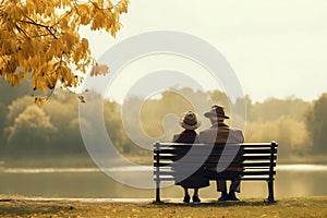 Back view of senior couple sitting on bench in the park