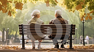 Back view of senior couple sitting on the bench in the park, ai generatedi