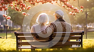 Back view of senior couple sitting on the bench in the park. Generative Ai