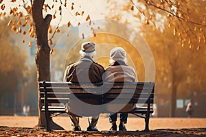 Back view of senior couple sitting on bench in the park