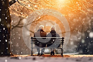 Back view of senior couple sitting on a bench in a winter park with snow