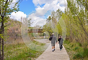 back view of a senior couple walking on a concrete way in the middle of a park. The male hiker wears sorts and a dark blue coat