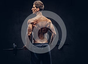 Back view of shirtless man with stylish hair and muscular ectomorph doing the exercises with the barbell.