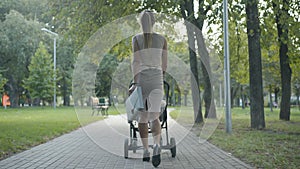 Back view of slim stylish woman in elegant dress and high-heels walking with baby stroller in summer park. Wide shot of