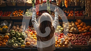 Back View of a Small Child Reaching Up Toward a Bountiful Display of Food Piled High at a Market with a Variety of Fresh Fruits