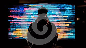 Programmer reading code on large screen in dark room