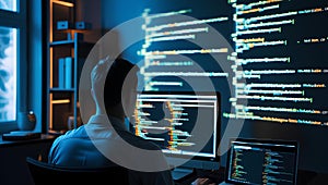 A back view of a software developer focused on coding