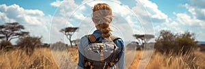 Back view of solo woman traveler on safari in Africa. Exploring African nature, watching animals in the savannah. Adventure and