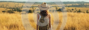 Back view of solo woman traveler on safari in Africa. Exploring African nature, watching animals in the savannah. Adventure and