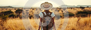 Back view of solo woman traveler on safari in Africa. Exploring African nature, watching animals in the savannah. Adventure and