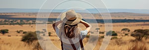 Back view of solo woman traveler on safari in Africa. Exploring African nature, watching animals in the savannah. Adventure and