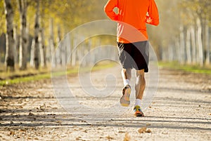 Back view sport man with strong calves muscle running outdoors in off road trail ground in Autumn sunlight