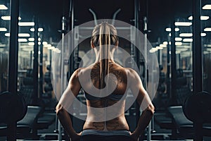 Back view of sporty woman with tattoos on her back standing in gym, Women doing battle workouts with rope in a gym, top section