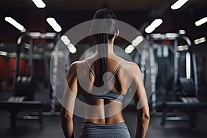 Back view of a sporty young woman standing in a gym, Women doing battle workouts with rope in a gym, top section cropped, no face