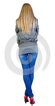 Back view of standing beautiful blonde woman.