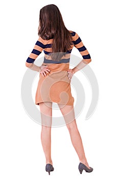 Back view of standing young beautiful brunette woman