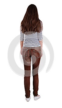 Back view of standing young beautiful brunette woman.