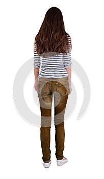 Back view of standing young beautiful brunette woman.