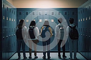 Back view of students standing in a row in locker room at school, Teenage school kids standing in front of locker, AI Generated