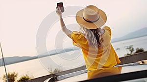 Back View of Stylish Female Holding Smartphone on Automobile Rooftop for Travel Blog at Sea Shore. Generative AI