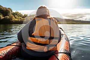 Back view of a super morbidly obese woman in life jacket at inflatable boat floats on calm water on the lake