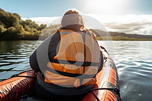 Back view of a super morbidly obese woman in life jacket at inflatable boat floats on calm water on the lake photo