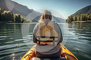 Back view of a super morbidly obese woman in life jacket at inflatable boat photo