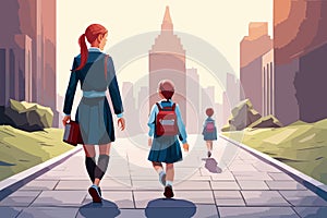 Back view of teenage girl with backpack going to or back from school. Vector