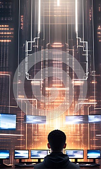 Back View of Teenage Hacker Working in Computer photo