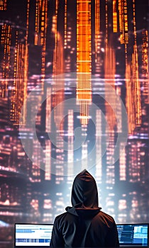Back View of Teenage Hacker Working in Computer photo