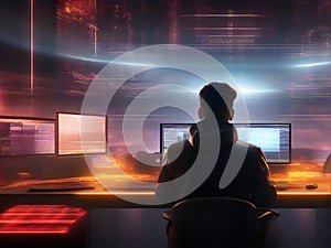 Back View of a Teenage Hacker Working in Computers photo